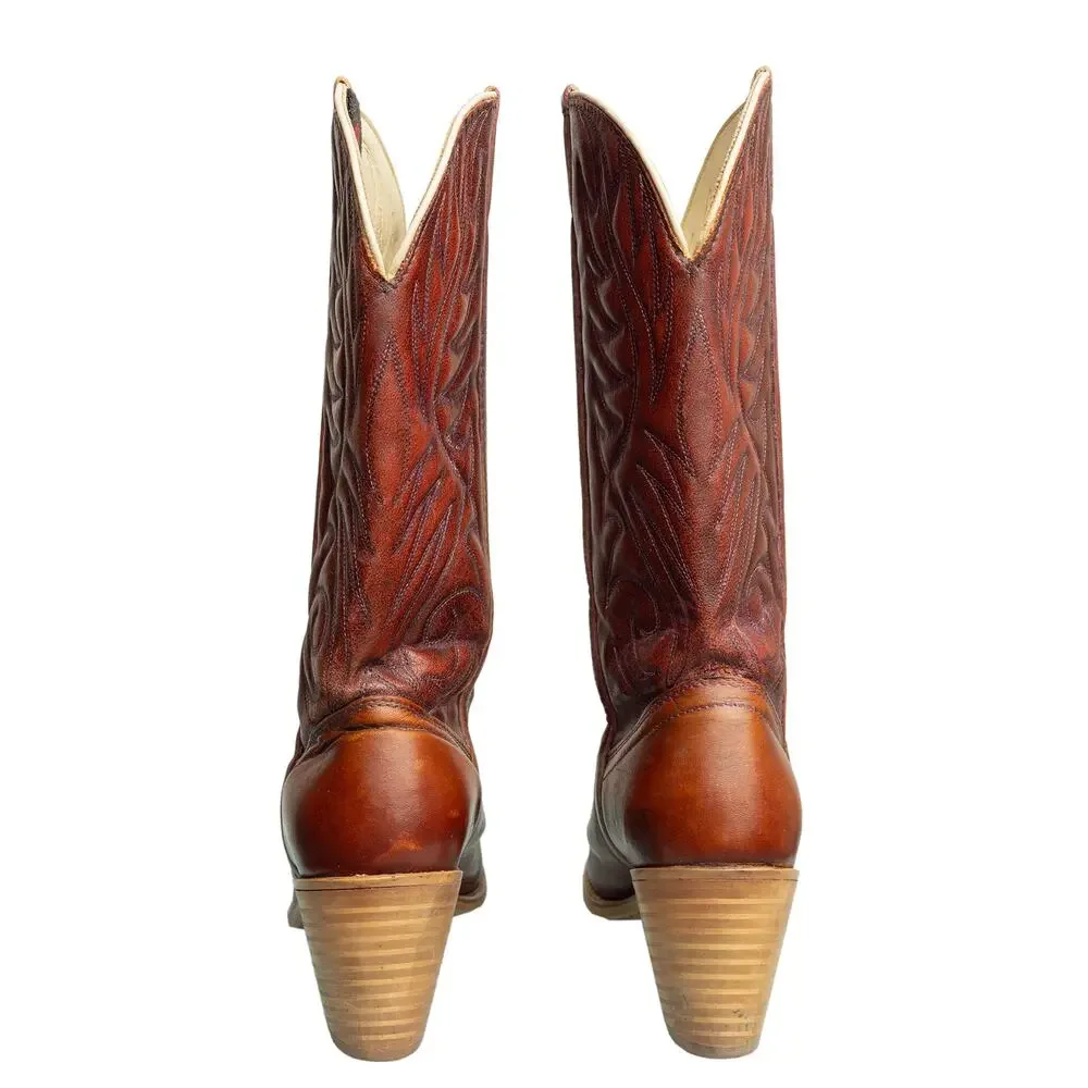 Women's Vintage 80s Dingo Stitched Cowboy Boots With Wooden Heels - Sz 8 - Picture 4 of 13